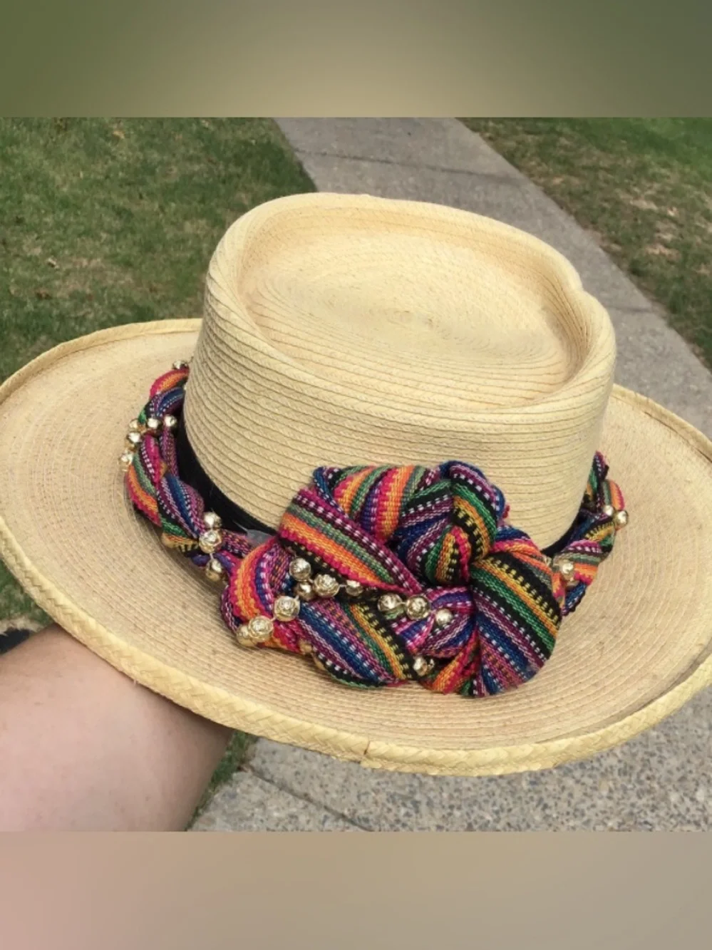 Gumarcaah Guatamala Handwoven Palm Beaded Bow Vintage Hat 55cm - Picture 2 of 6